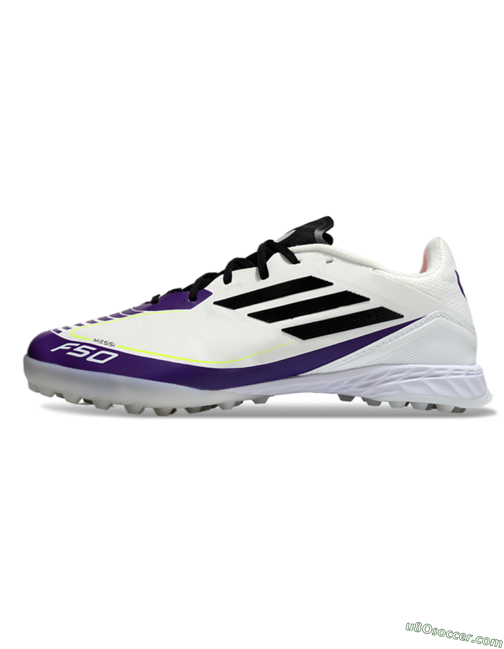 Messi x Adidas F50 Pro TF Artificial Turf Soccer Shoes - White/Black/Purple 2