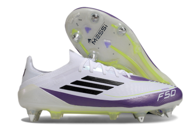 Messi x Adidas F50 Elite SG Soft Ground Soccer Cleats - White/Black/Purple