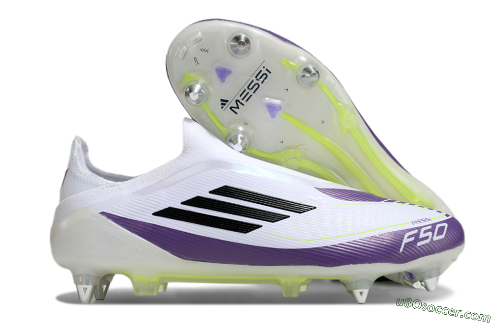 Messi x Adidas F50 Elite Laceless SG Soft Ground Soccer Cleats - White/Black/Purple 1
