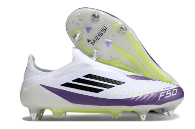 Messi x Adidas F50 Elite Laceless SG Soft Ground Soccer Cleats - White/Black/Purple
