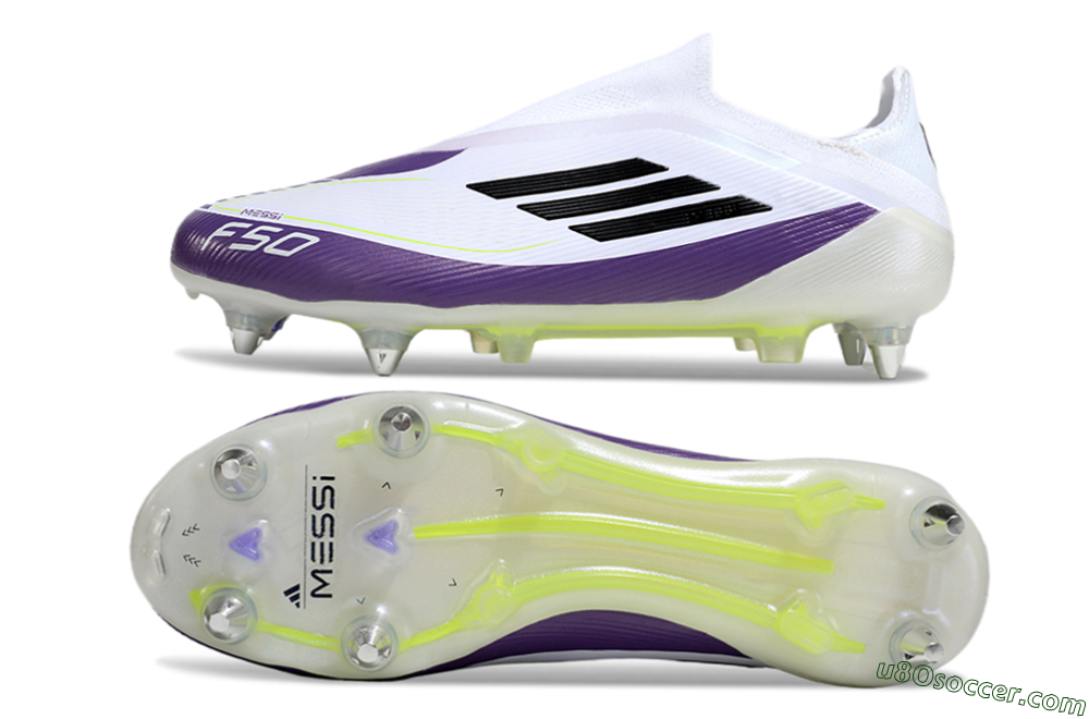 Messi x Adidas F50 Elite Laceless SG Soft Ground Soccer Cleats - White/Black/Purple 0