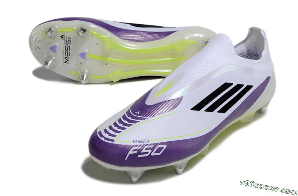 Messi x Adidas F50 Elite Laceless SG Soft Ground Soccer Cleats - White/Black/Purple 3