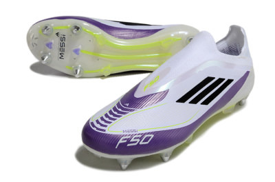 Messi x Adidas F50 Elite Laceless SG Soft Ground Soccer Cleats - White/Black/Purple