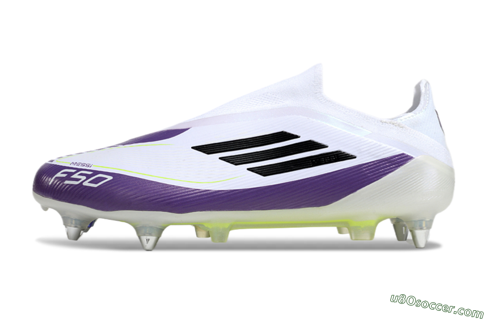 Messi x Adidas F50 Elite Laceless SG Soft Ground Soccer Cleats - White/Black/Purple 2