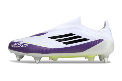 Messi x Adidas F50 Elite Laceless SG Soft Ground Soccer Cleats - White/Black/Purple