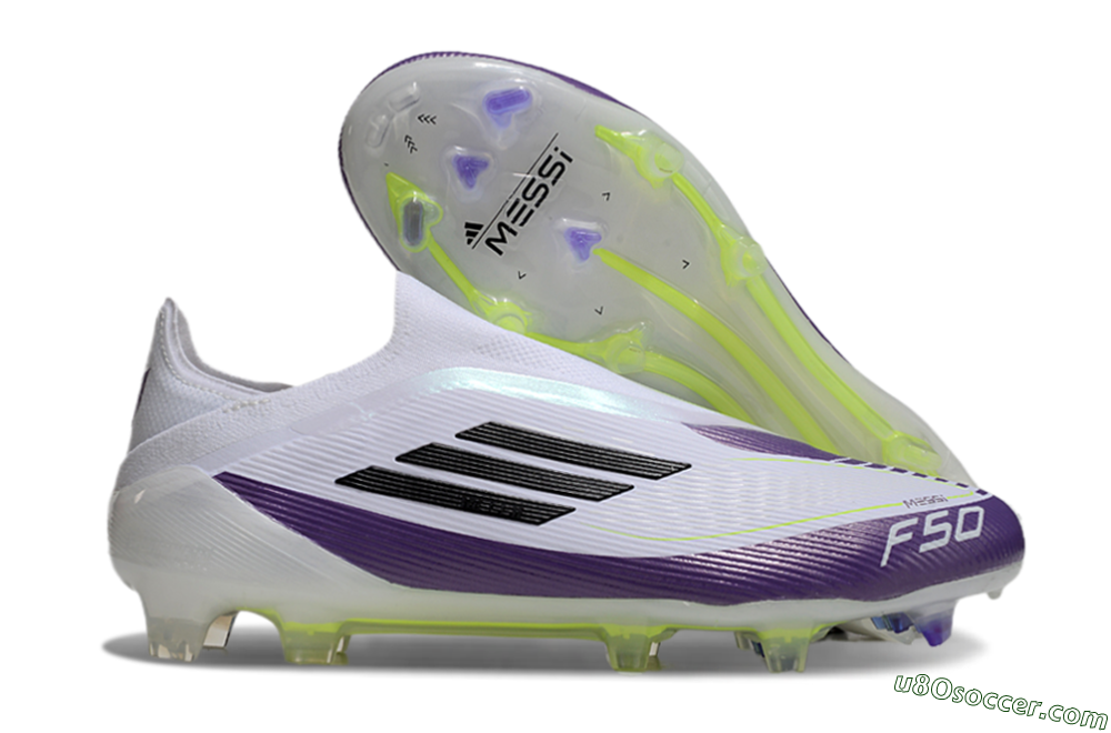 Messi x Adidas F50 Elite Laceless FG Firm Ground Soccer Cleats - White/Black/Purple 1