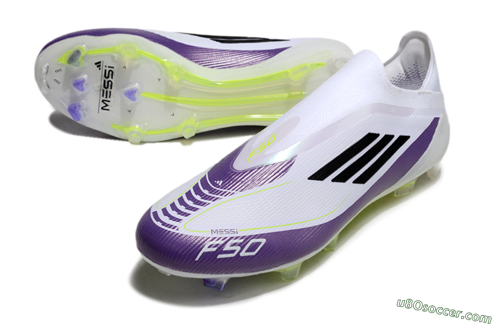 Messi x Adidas F50 Elite Laceless FG Firm Ground Soccer Cleats - White/Black/Purple 3