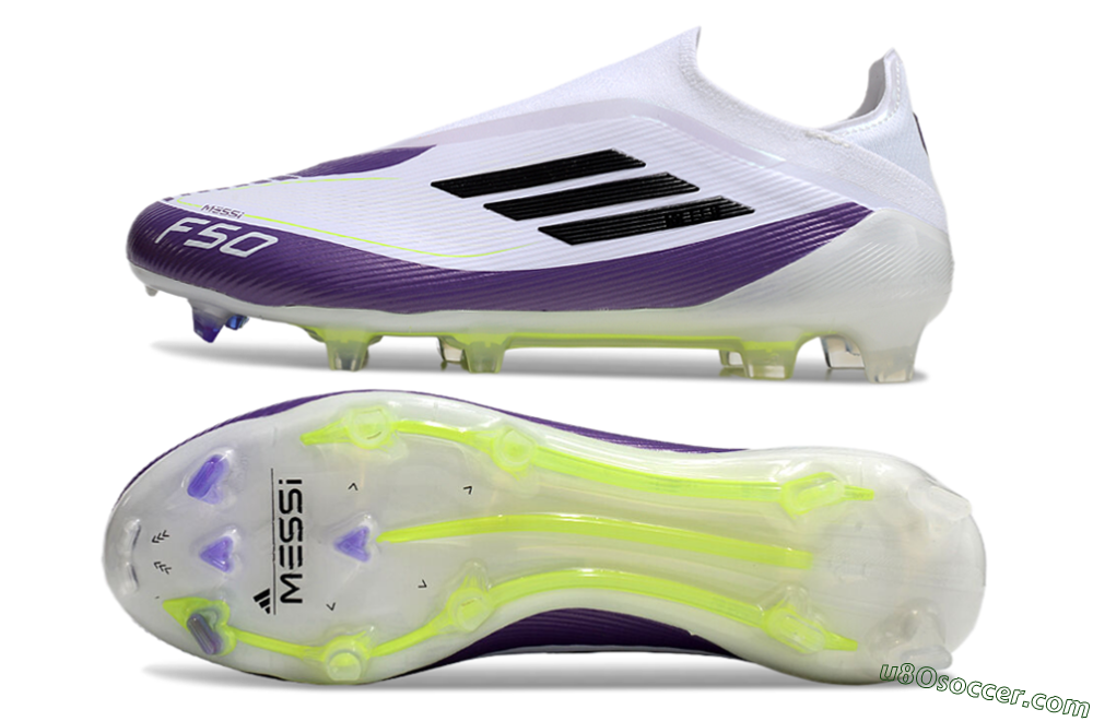 Messi x Adidas F50 Elite Laceless FG Firm Ground Soccer Cleats - White/Black/Purple 0