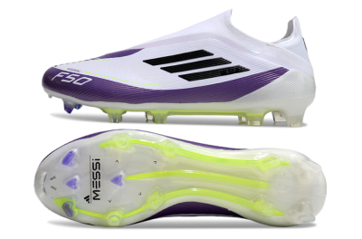 Messi x Adidas F50 Elite Laceless FG Firm Ground Soccer Cleats - White/Black/Purple