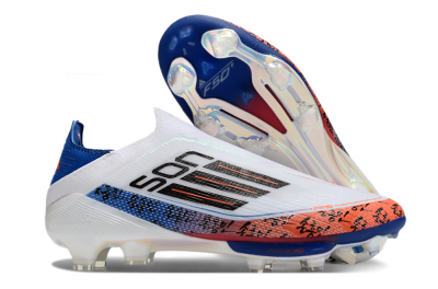 Adidas F50 Elite Lightstrike Pro Laceless FG Firm Ground Soccer Cleats - White/Orange/Blue
