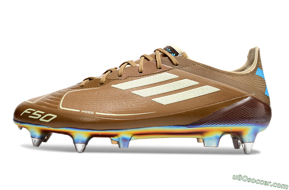 Messi x Adidas F50 Elite SG Soft Ground Soccer Cleats - Brown/White/Blue 2