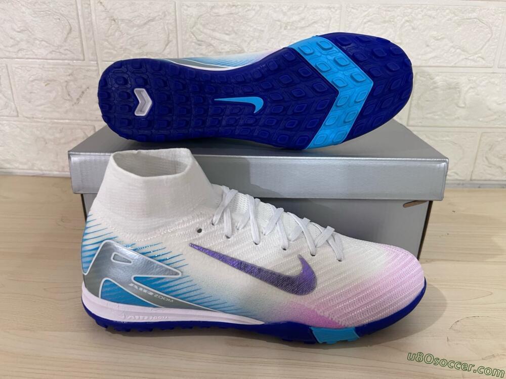 Nike Air Zoom Mercurial Superfly 10 Elite TF Artificial Turf Soccer Shoes - White/Purple/Blue