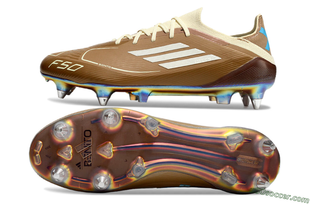 Messi x Adidas F50 Elite Benito SG Soft Ground Soccer Cleats - Brown/White/Blue 0