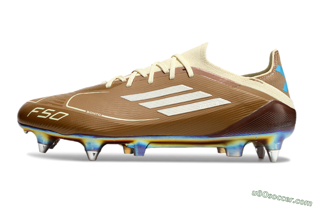 Messi x Adidas F50 Elite Benito SG Soft Ground Soccer Cleats - Brown/White/Blue 2