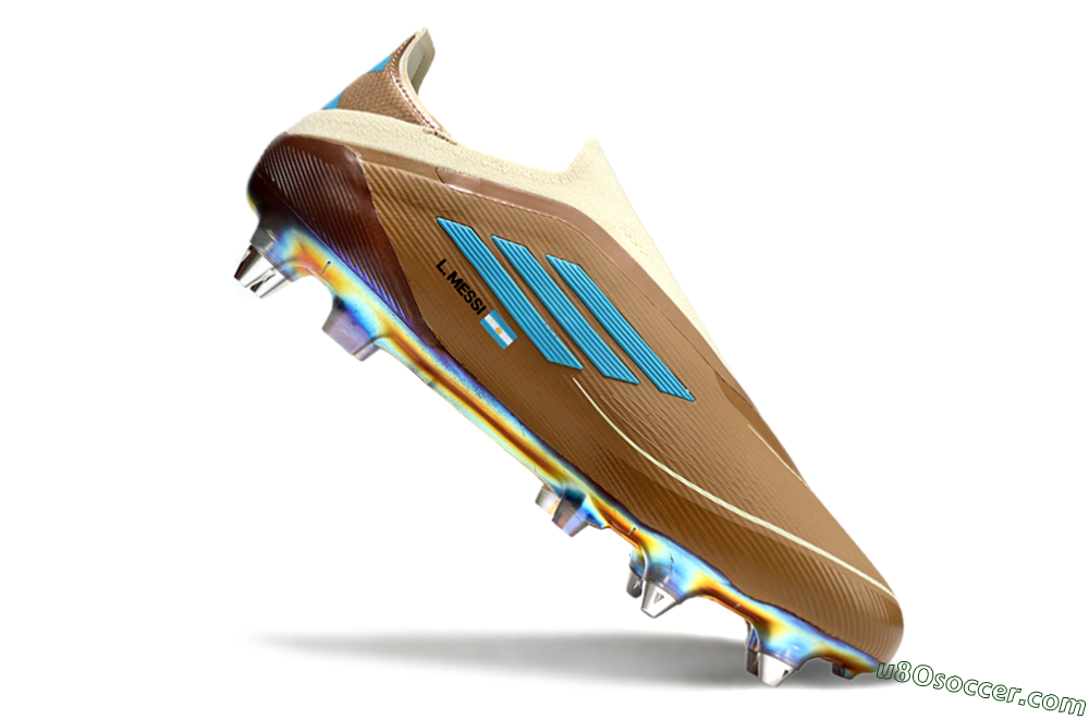 Messi x Adidas F50 Elite Laceless Benito SG Soft Ground Soccer Cleats - Brown/White/Blue 4