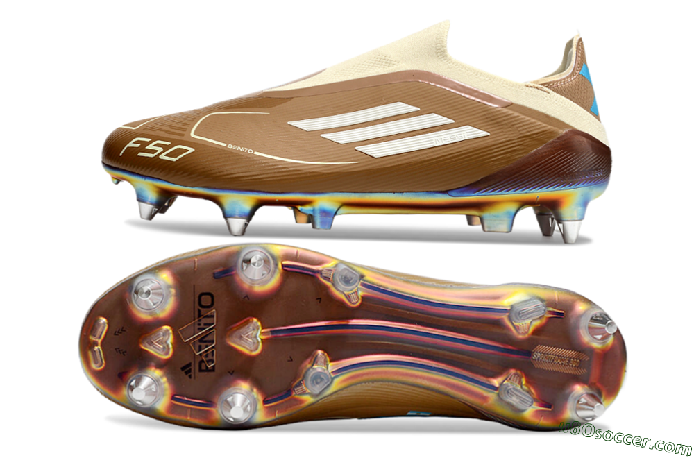 Messi x Adidas F50 Elite Laceless Benito SG Soft Ground Soccer Cleats - Brown/White/Blue 0
