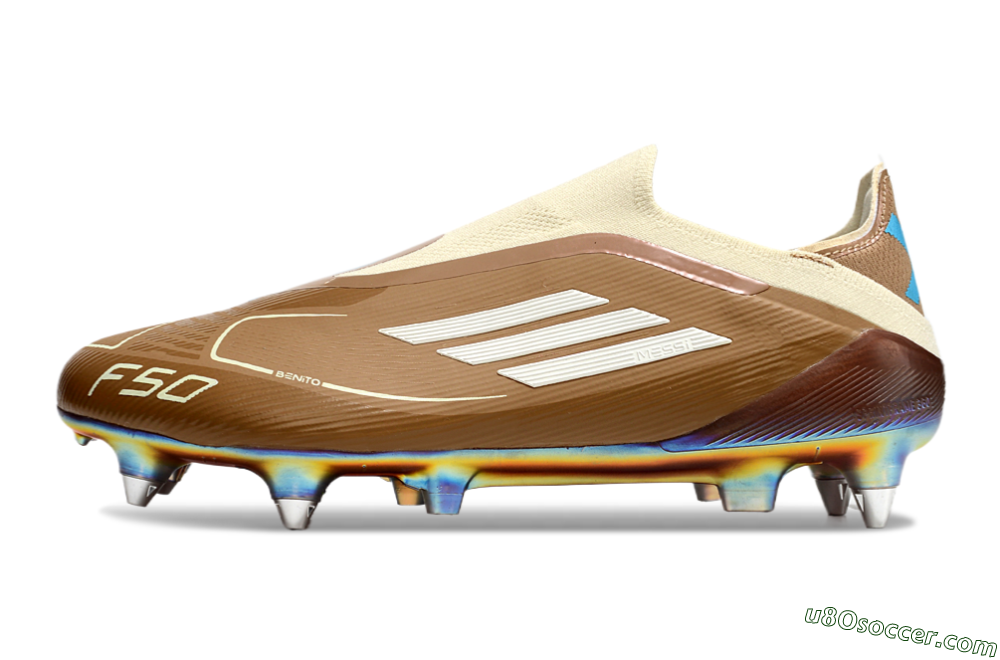 Messi x Adidas F50 Elite Laceless Benito SG Soft Ground Soccer Cleats - Brown/White/Blue 2