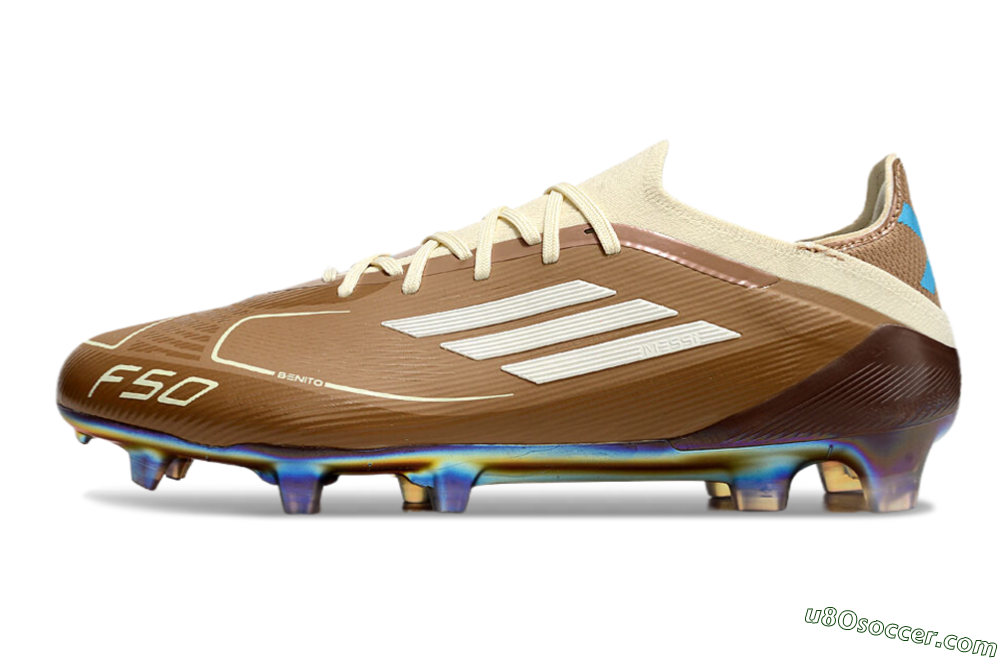 Messi x Adidas F50 Elite Benito FG Firm Ground Soccer Cleats - Brown/White/Blue 2