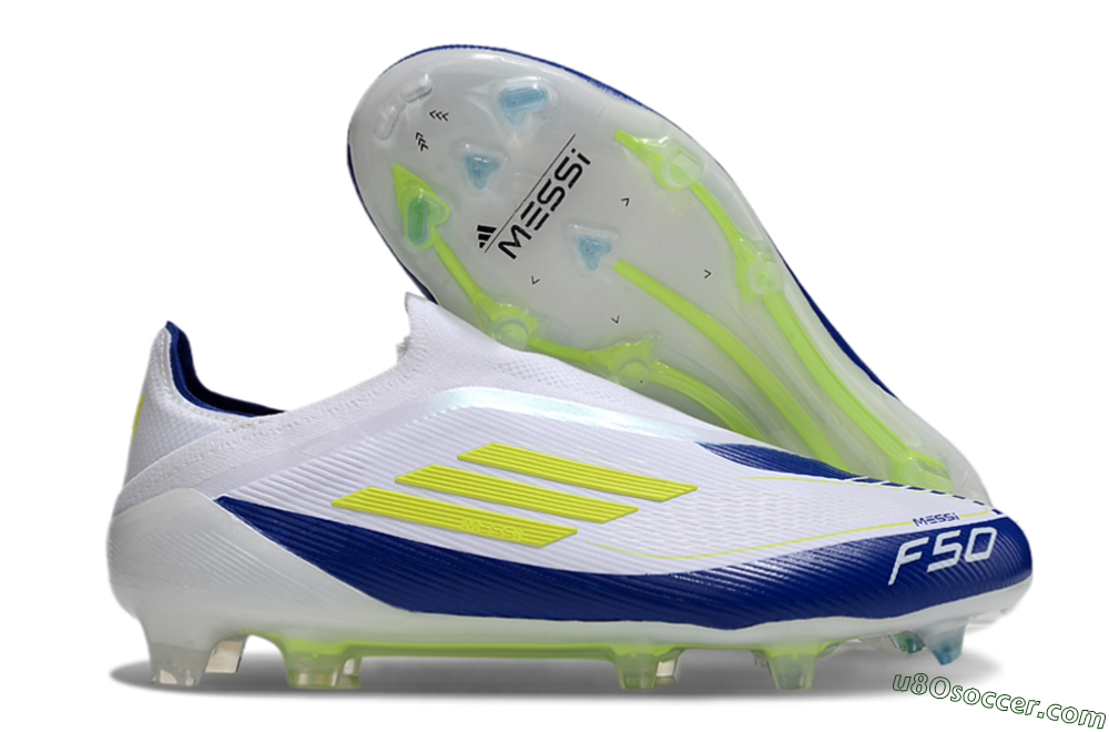 Messi x Adidas F50 Elite Laceless FG Firm Ground Soccer Cleats - White/Blue/Yellow 1