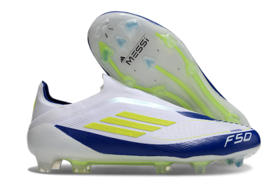 Messi x Adidas F50 Elite Laceless FG Firm Ground Soccer Cleats - White/Blue/Yellow