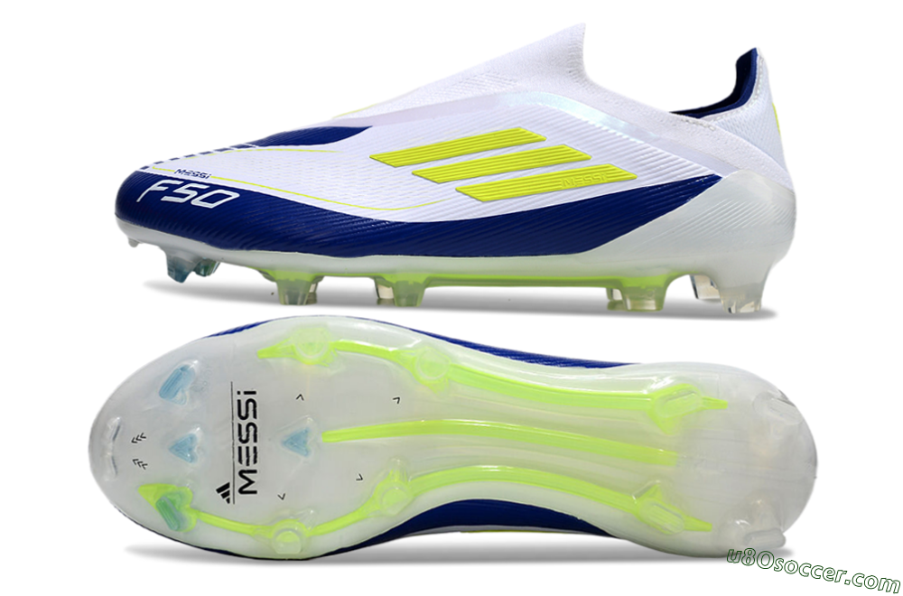 Messi x Adidas F50 Elite Laceless FG Firm Ground Soccer Cleats - White/Blue/Yellow 0