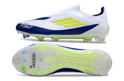Messi x Adidas F50 Elite Laceless FG Firm Ground Soccer Cleats - White/Blue/Yellow