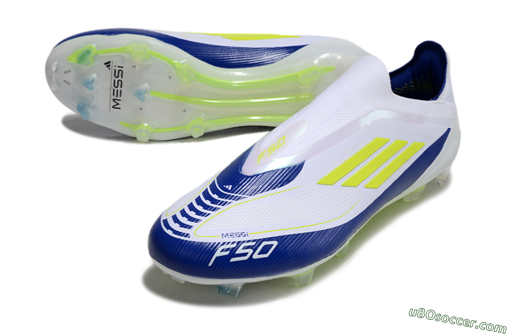 Messi x Adidas F50 Elite Laceless FG Firm Ground Soccer Cleats - White/Blue/Yellow 3