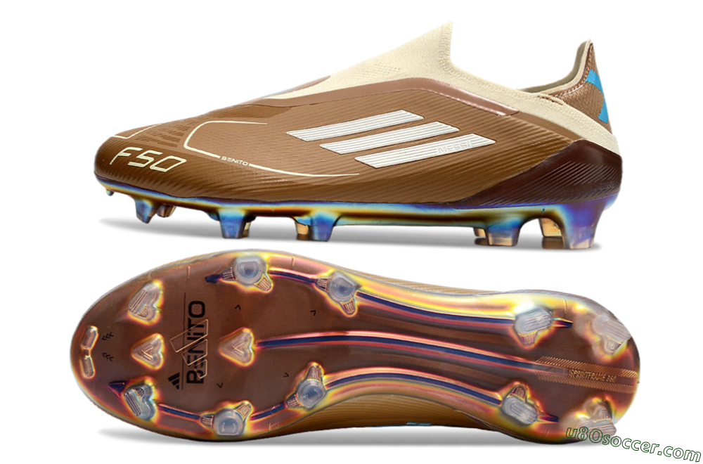 Messi x Adidas F50 Elite Laceless Benito FG Firm Ground Soccer Cleats - Brown/White/Blue 0