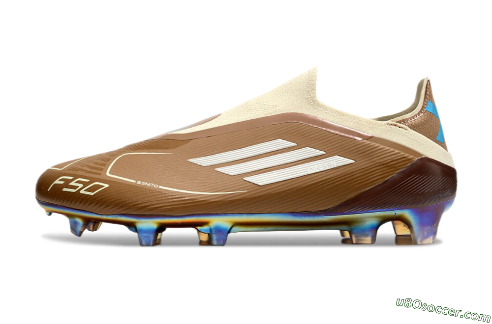 Messi x Adidas F50 Elite Laceless Benito FG Firm Ground Soccer Cleats - Brown/White/Blue 2