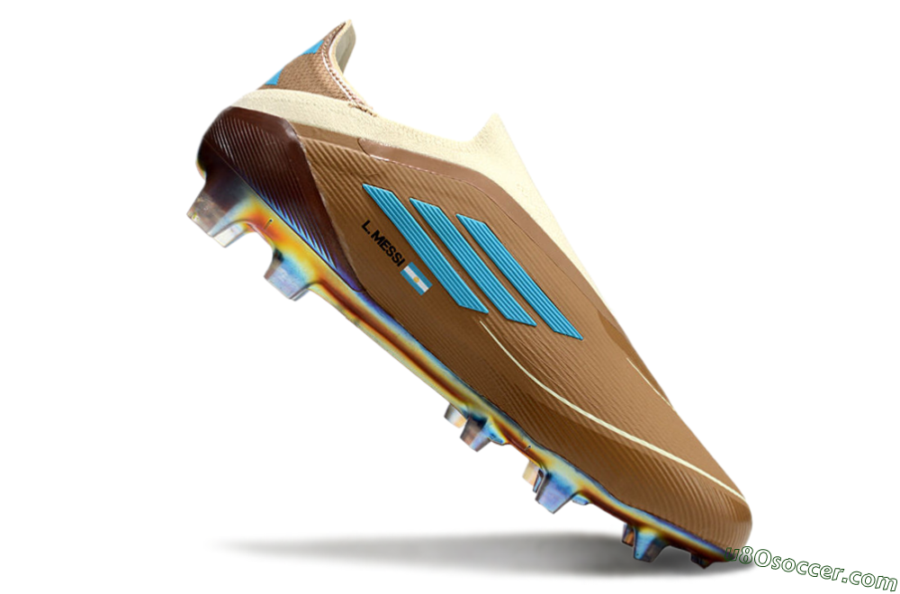 Messi x Adidas F50 Elite Laceless Benito FG Firm Ground Soccer Cleats - Brown/White/Blue 4