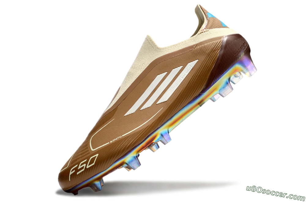 Messi x Adidas F50 Elite Laceless Benito FG Firm Ground Soccer Cleats - Brown/White/Blue 5