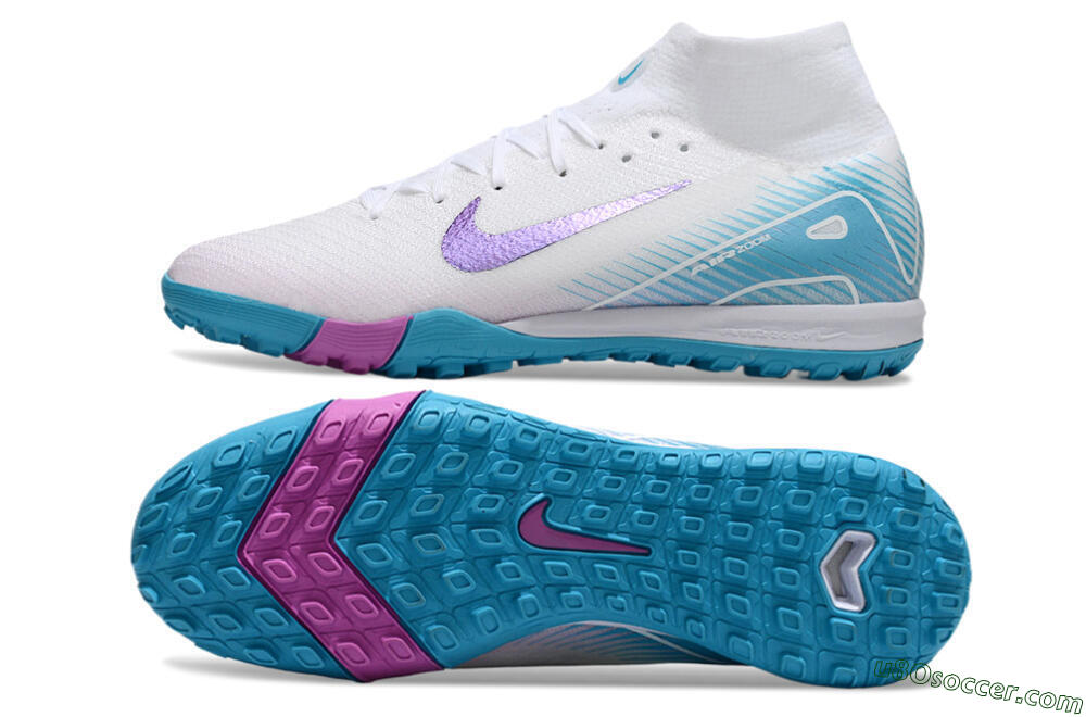 Nike Air Zoom Mercurial Superfly 10 Elite TF Artificial Turf Soccer Shoes - White/Purple/Blue 0