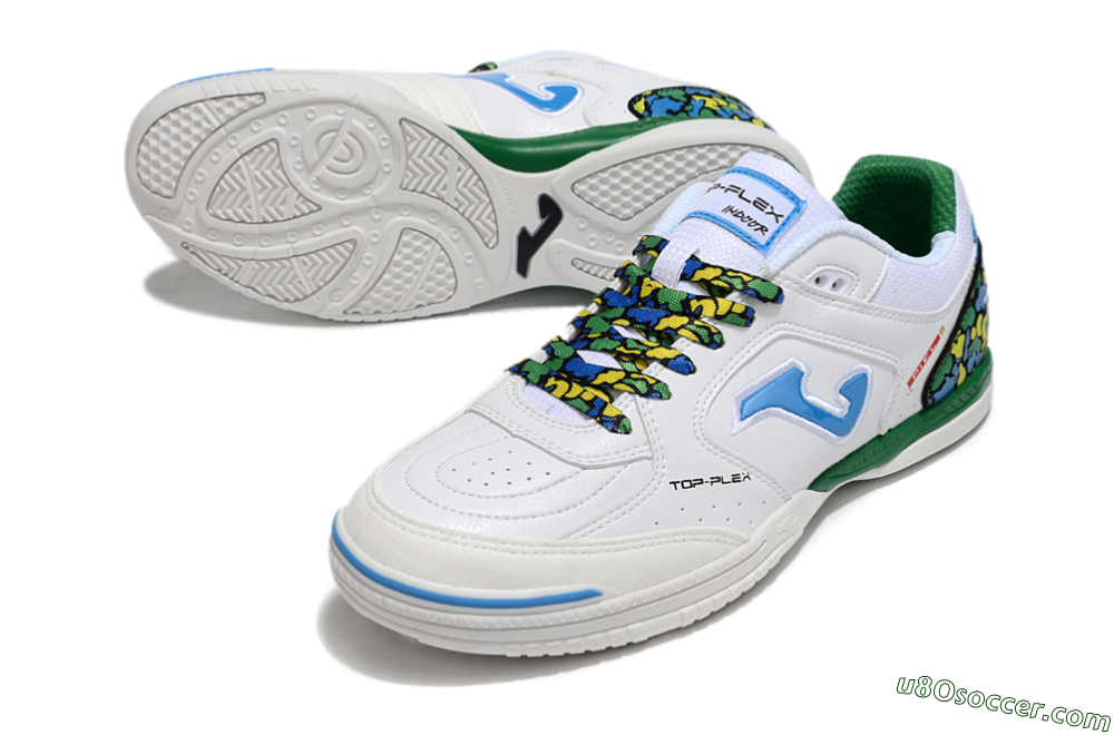 Joma Top Flex IC Indoor & Futsal Soccer Shoes - White/Blue/Green 3