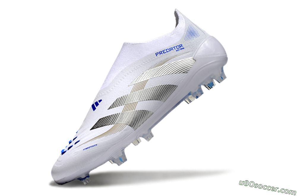 Adidas Predator Laceless Elite 25 FG Firm Ground Soccer Cleats - White/Blue/Silver 5