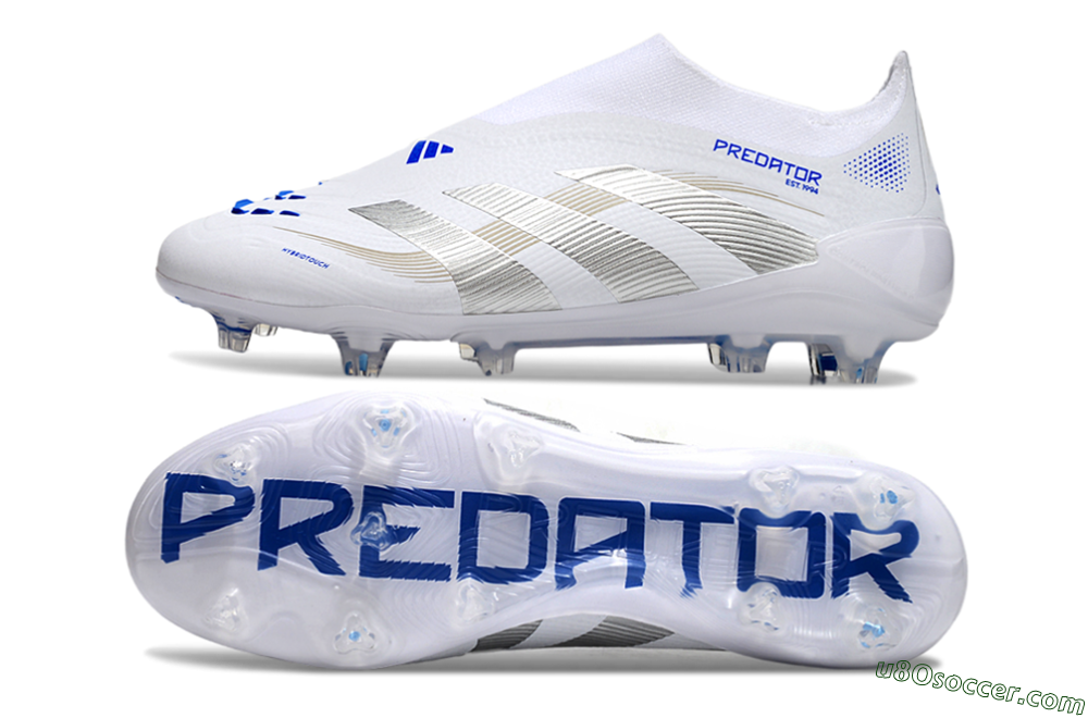 Adidas Predator Laceless Elite 25 FG Firm Ground Soccer Cleats - White/Blue/Silver 0
