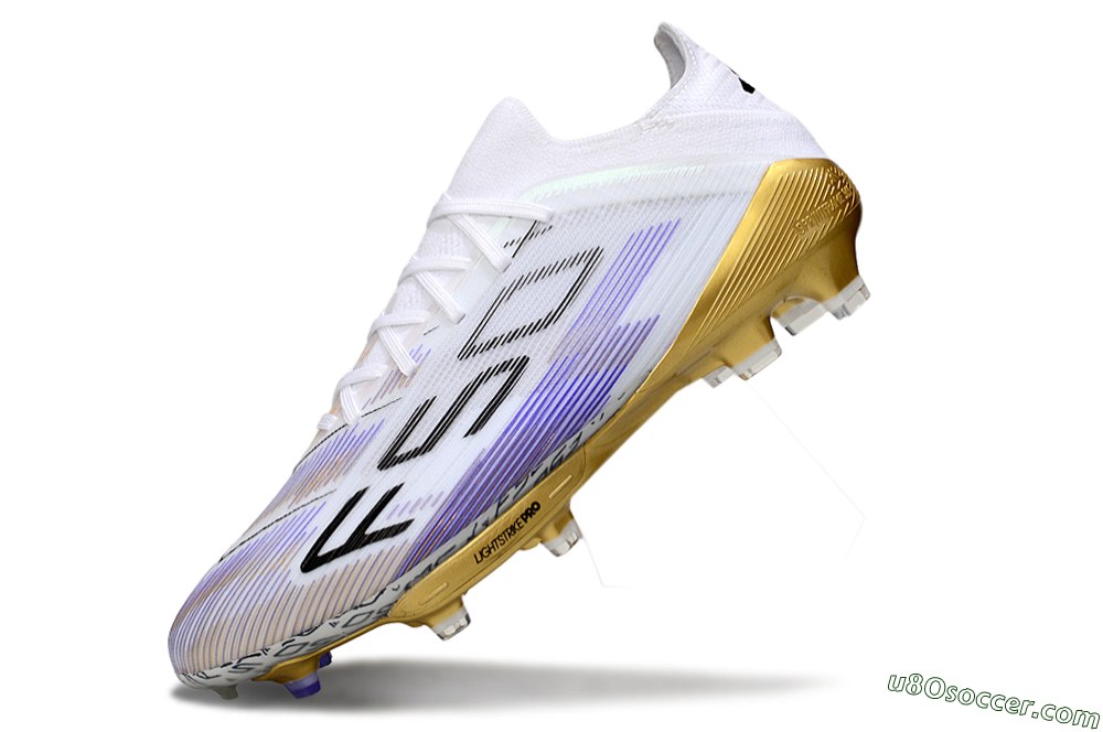 Adidas F50+ Elite Lightstrike Pro FG Firm Ground Soccer Cleats - White/Purple/Gold 5
