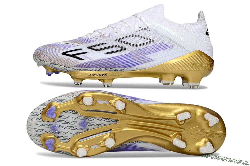 Adidas F50+ Elite Lightstrike Pro FG Firm Ground Soccer Cleats - White/Purple/Gold 0