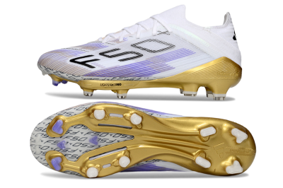 Adidas F50+ Elite Lightstrike Pro FG Firm Ground Soccer Cleats - White/Purple/Gold