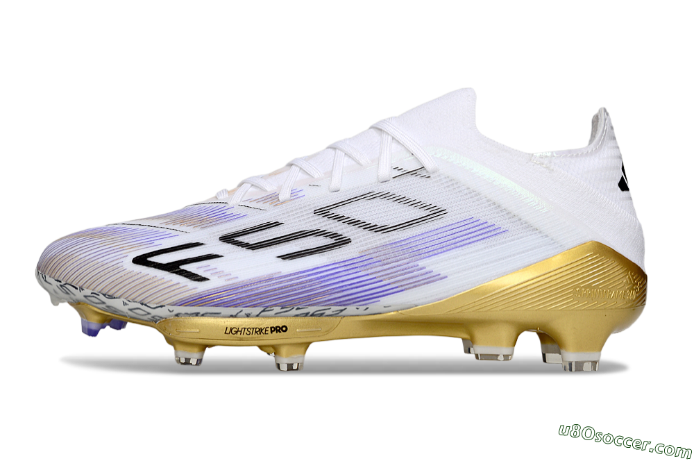 Adidas F50+ Elite Lightstrike Pro FG Firm Ground Soccer Cleats - White/Purple/Gold 2