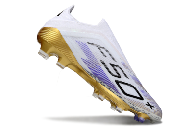 Adidas F50+ Elite Lightstrike Pro Laceless FG Firm Ground Soccer Cleats - White/Purple/Gold