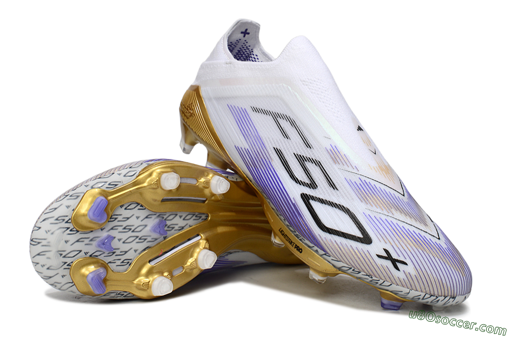 Adidas F50+ Elite Lightstrike Pro Laceless FG Firm Ground Soccer Cleats - White/Purple/Gold 3
