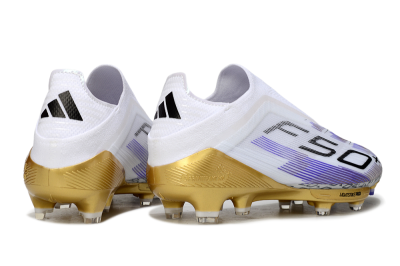 Adidas F50+ Elite Lightstrike Pro Laceless FG Firm Ground Soccer Cleats - White/Purple/Gold