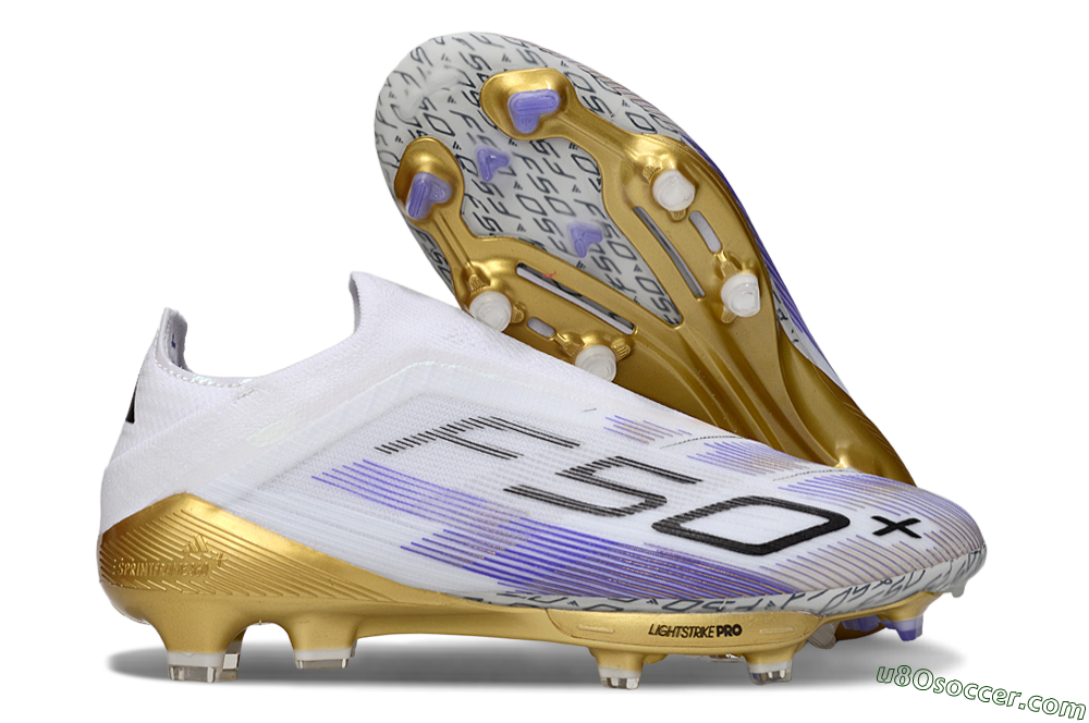 Adidas F50+ Elite Lightstrike Pro Laceless FG Firm Ground Soccer Cleats - White/Purple/Gold 1