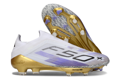 Adidas F50+ Elite Lightstrike Pro Laceless FG Firm Ground Soccer Cleats - White/Purple/Gold