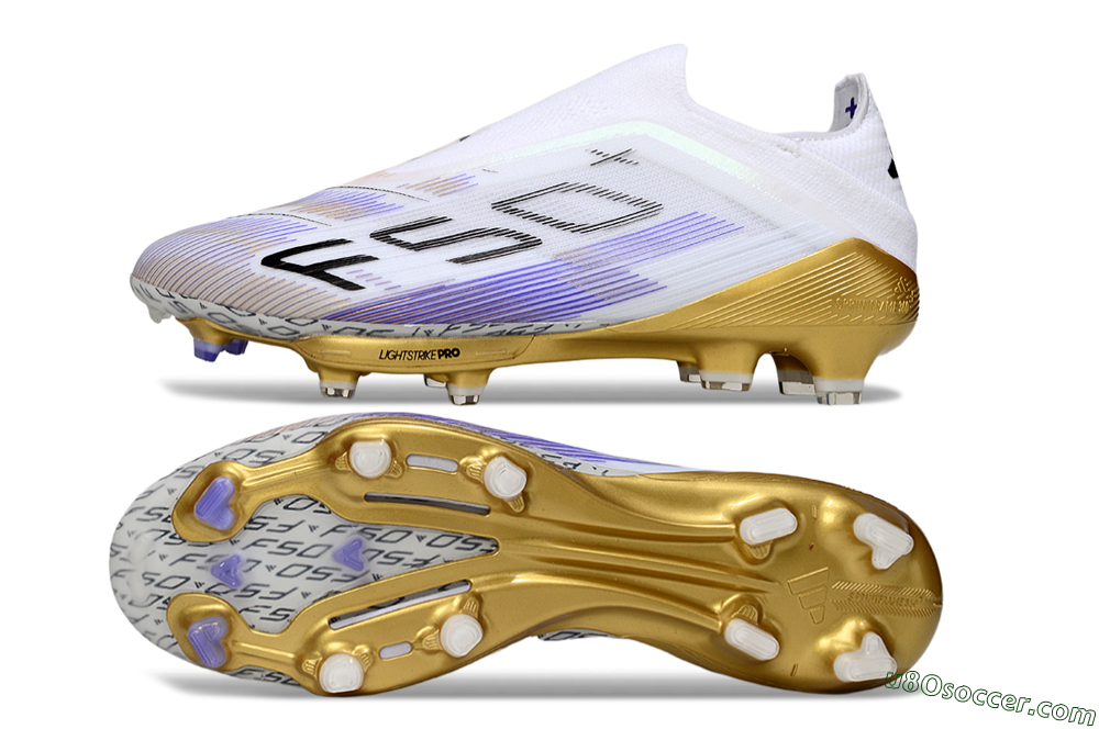 Adidas F50+ Elite Lightstrike Pro Laceless FG Firm Ground Soccer Cleats - White/Purple/Gold 0