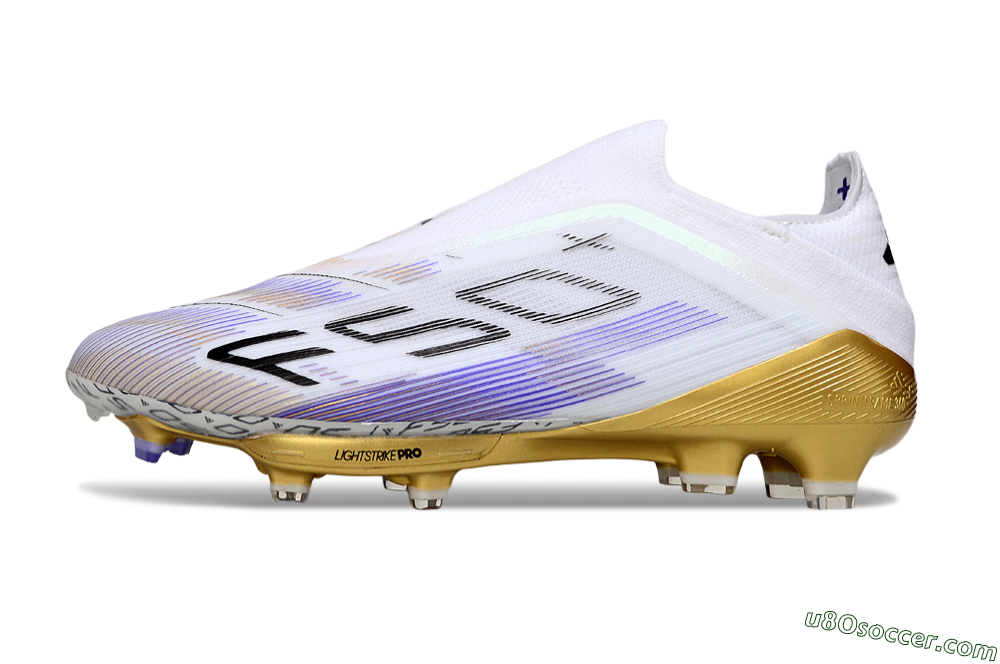 Adidas F50+ Elite Lightstrike Pro Laceless FG Firm Ground Soccer Cleats - White/Purple/Gold 2