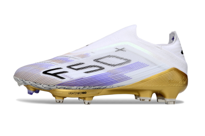 Adidas F50+ Elite Lightstrike Pro Laceless FG Firm Ground Soccer Cleats - White/Purple/Gold