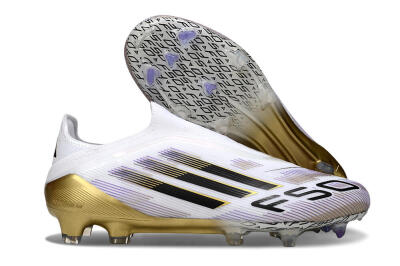 Adidas F50 Elite Laceless FG Firm Ground Soccer Cleats - White/Black/Purple/Gold