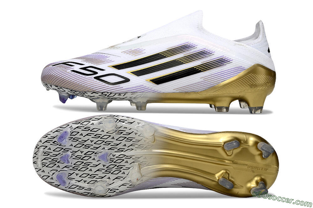 Adidas F50 Elite Laceless FG Firm Ground Soccer Cleats - White/Black/Purple/Gold 0