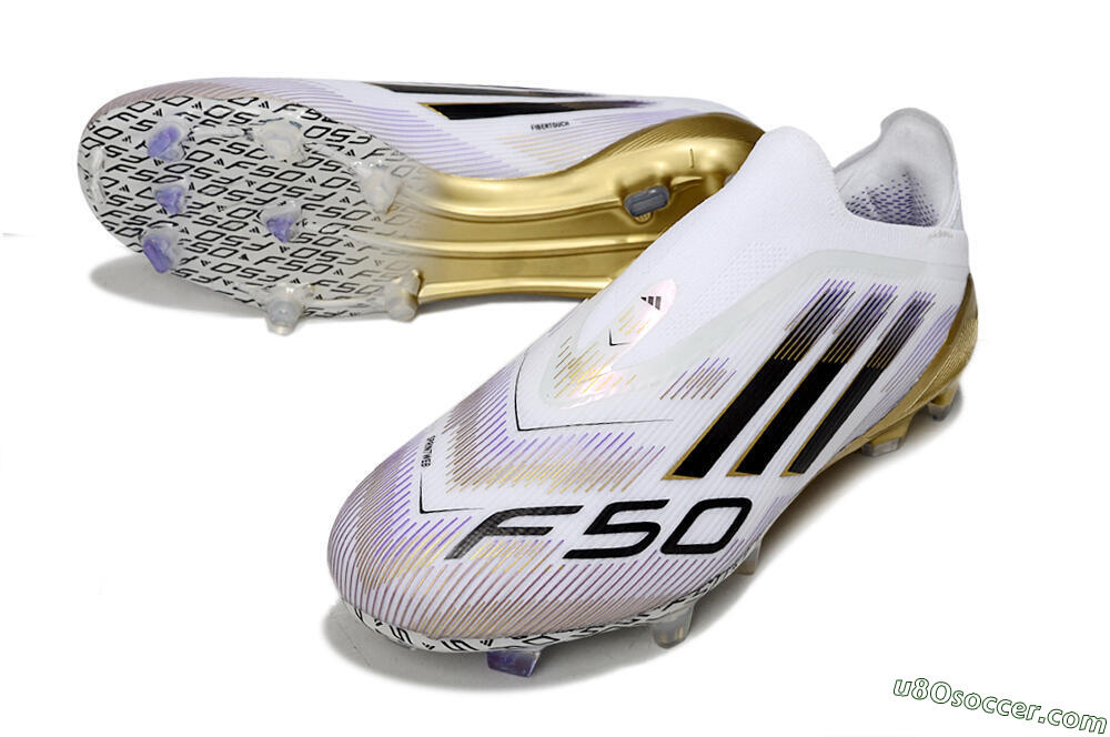 Adidas F50 Elite Laceless FG Firm Ground Soccer Cleats - White/Black/Purple/Gold 3